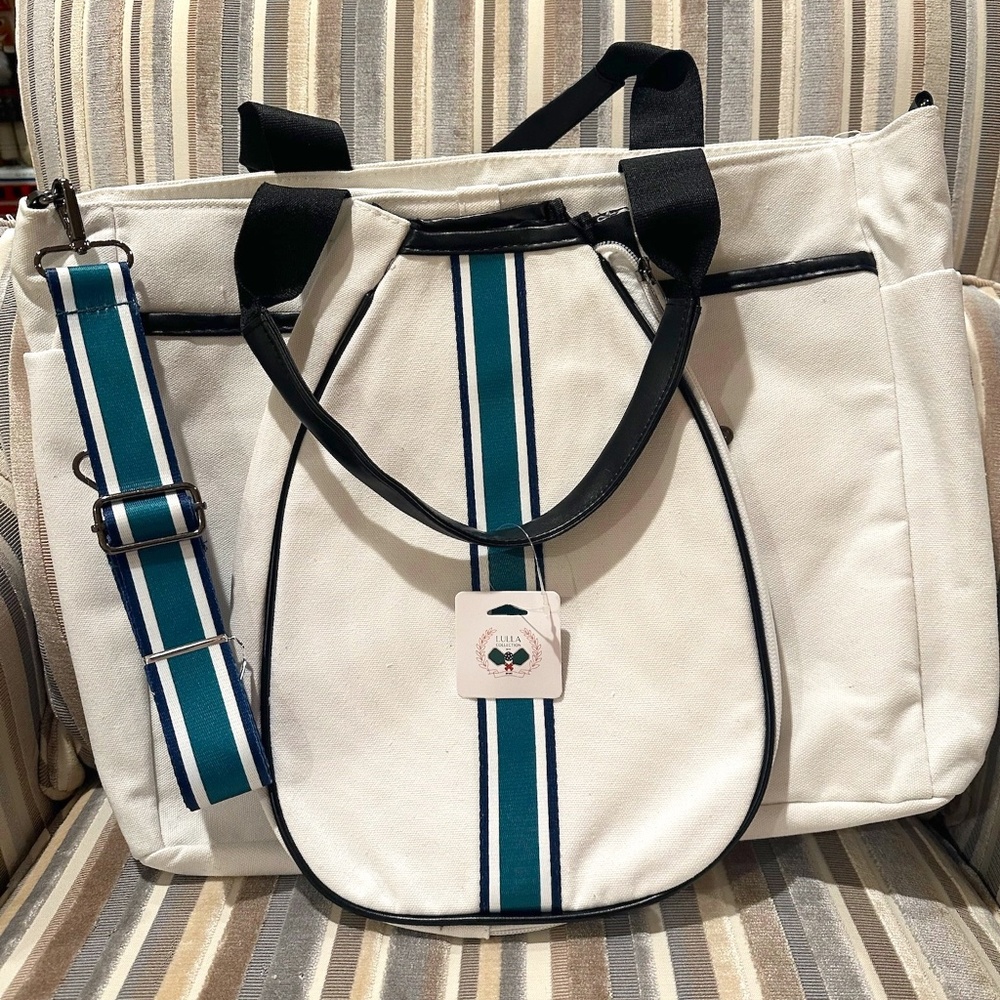 LULLA COLLECTION Canvas Pickleball Bag - Off-White Green / Navy Blue NWT